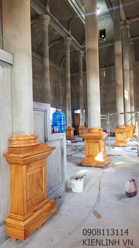 Ốp cột gỗ tròn cao 1.1m - ốp cột gỗ chánh điện chùa Sóc Trăng - Ảnh 4