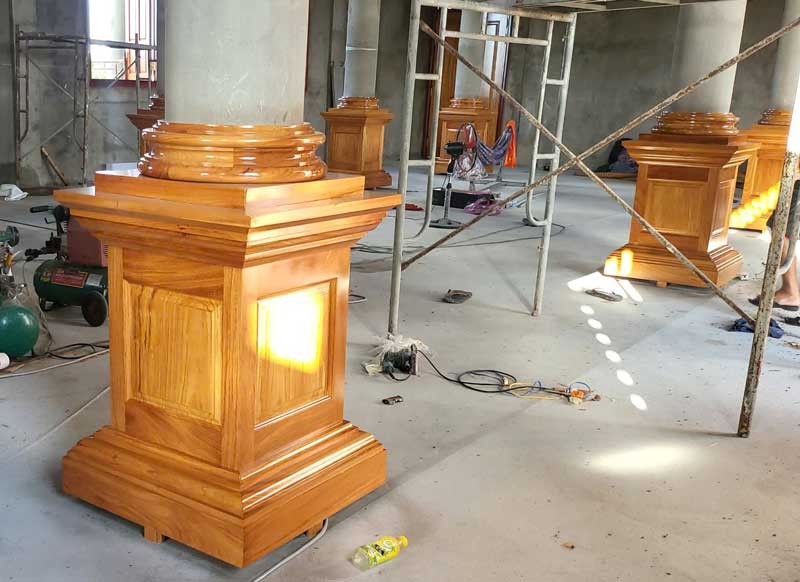 Ốp cột gỗ tròn cao 1.1m - ốp cột gỗ chánh điện chùa Sóc Trăng - Ảnh 9
